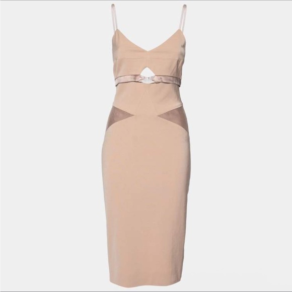 Victoria Beckham Nude Knit Satin Trimmed Cut-Out Detailed Bodycon Dress Tan QQ18 - Picture 1 of 13